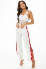 Striped-Trim Button Track Pants LARGE,WHITE
