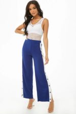 Striped-Trim Button Track Pants LARGE,BLUE
