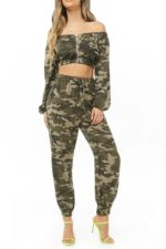 Set16 Camo Print Crop Top & Jogger Set SMALL,OLIVE