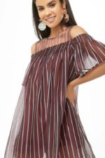 Striped Organza Open-Shoulder Dress SMALL,BURGUNDY